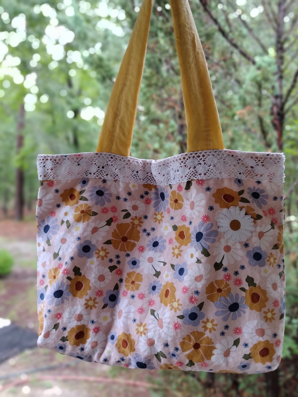 Floral Cotton Tote Bag with Yellow Handles and Lace Trim